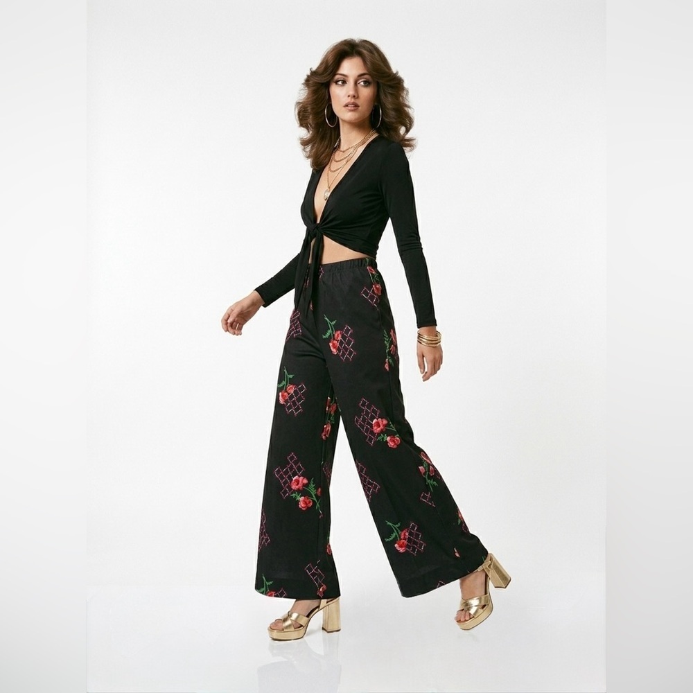 Vintage 70s Psychedelic Floral Palazzo Pants / Retro Mod Wide Leg Disco Trousers - Picture 3 of 9